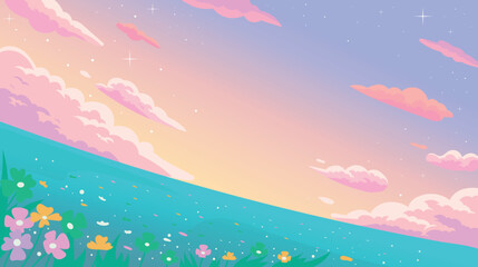 Dreamy sunset meadow background with soft pink clouds and flowers