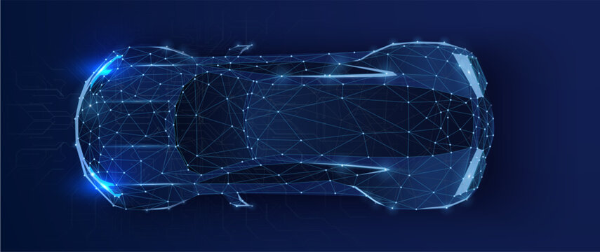 Futuristic Digital Car Top View with Abstract Data Network and Connected Vehicle Technology on Blue Background
