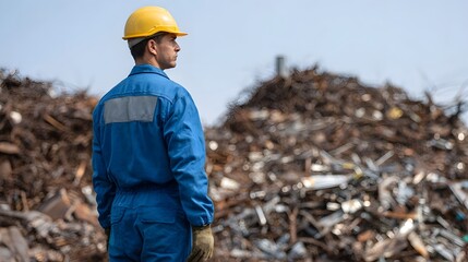 A worker in a blue uniform and yellow hard hat stands before a large pile of industrial scrap metal under a bright sky