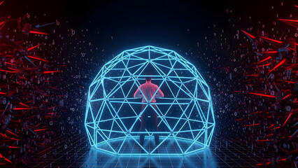 Man trapped in futuristic digital dome surrounded by data explosion