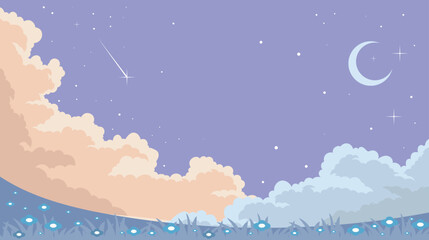 Night landscape with moon, shooting star and dreamy clouds