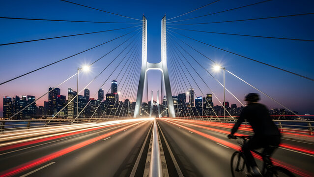 Cyclist riding across modern city bridge at dusk with vibrant light trails - Powered by Adobe