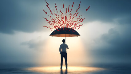 Man struggles to protect himself from chaotic stormy weather conditions