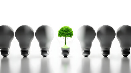 Innovative eco-friendly light bulb with green tree standing out from black bulbs