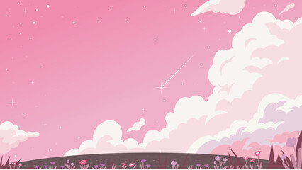 Romantic shooting star over pink pastel clouds and meadow