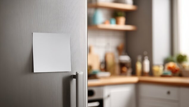 Modern kitchen, close-up of a fridge with a blank square note, blurred kitchen background