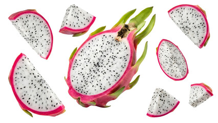 Fresh pink dragon fruit or pitaya with slices and wedges on isolated background