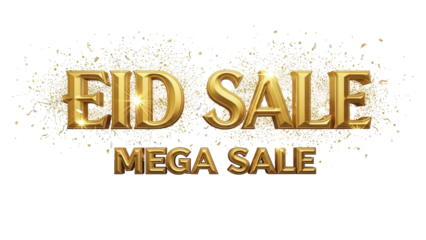 Golden 3D Rendered Text 'EID SALE MEGA SALE' with Shiny Metallic Effect isolated PNG with Transparent Background