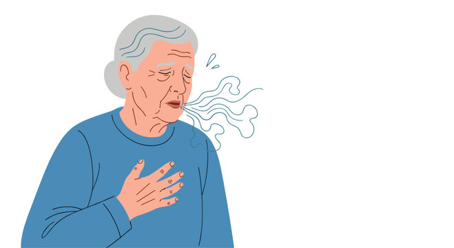 Elderly woman experiencing shortness of breath, holding her chest and coughing, a symptom of asthma, heart or lung disease.