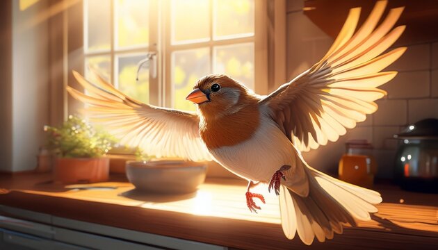 a tiny finch in flight near a bright kitchen window wings flapping with energy