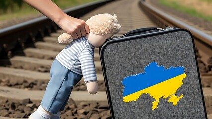 Child's toy held by hand near suitcase with Ukraine map on train tracks