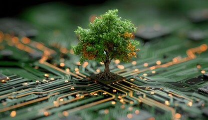 A vibrant green tree sprouts from the center of a technological circuit board, blending nature & tech