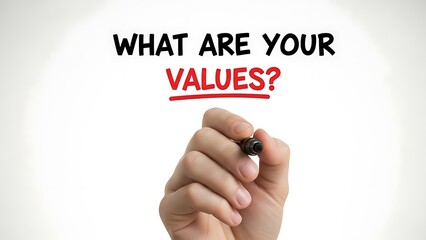 Hand writing a critical question about personal and organizational guiding principles onto a clean whiteboard surface for introspection and decision making