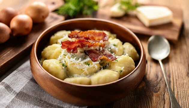 slovak bryndzove halusky potato dumplings with sheep cheese topped with crispy bacon served in a traditional wooden bowl surrounded by fresh ingredients and natural light