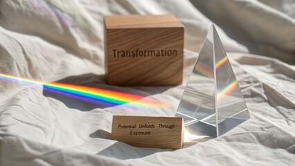 Wooden Blocks and Prism Reflecting Light on Textured Off-White Background