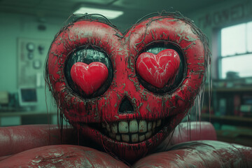 heart with hearts in the eyes, mouth and teeth smiling, surreal 3D model, grunge studio background, photorealistic