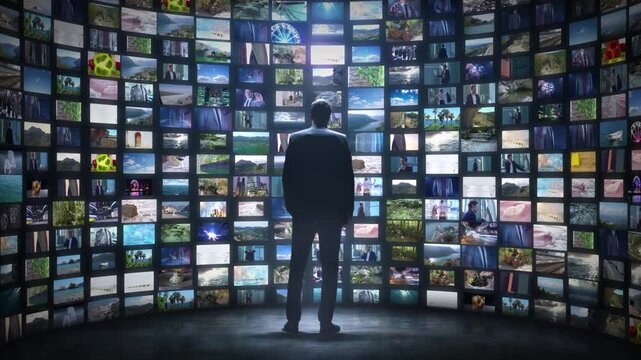 Person observing a multi screen video wall