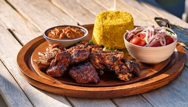 tanzanian nyama choma grilled meat served with ugali and kachumbari fresh tomato and onion salad placed on a rustic wooden platter with bright sunlight