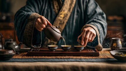 A man is pouring tea into three cups on a table