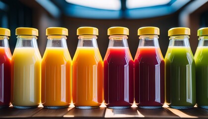 multiple juice bottles arranged in a perfect line with vivid juice colors glowing under soft rim lights