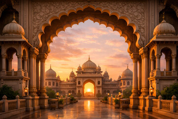 Ornate Palace Archway at Sunset: Indian Architecture