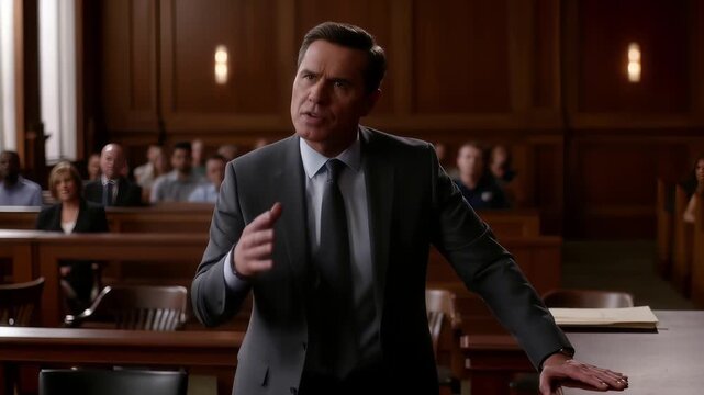Dynamic courtroom scene featuring attorneys. This video showcases a tense moment during a trial, where lawyers present their arguments passionately in front of the jury, highlighting the drama of lega