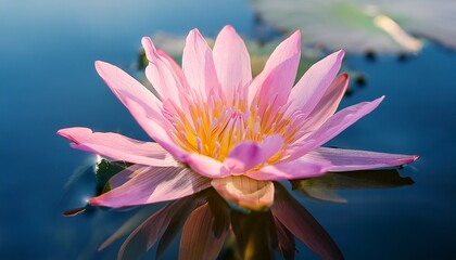 a stunning close up of a pink lotus flower blooming in calm clear water its delicate petals opening outward in perfect symmetry