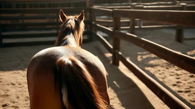 Horse in sunlit paddock with wooden fence enclosure