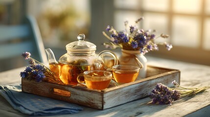 A tray with a teapot, cups, and flowers on a table