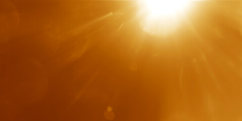 Sun rays with bokeh on orange sky background. Modern summer picture with a sunburst sunbeams. Bright sunny vector illustration. Abstract colorful banner template. Dazzling sunshine sun rays with bokeh