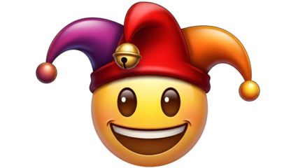 A colorful jester's emoji with a smiling face