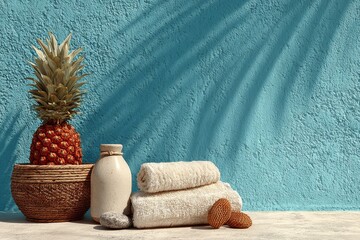 Tropical relaxation concept with beach essentials layout. Generative AI