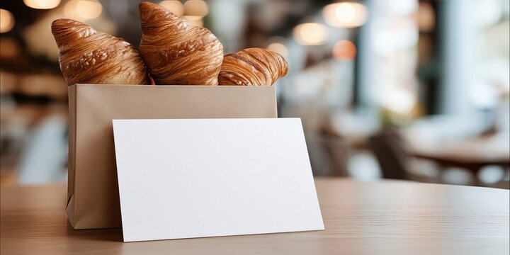 blank postcard mockup (thick cardstock) leaning against a simple white paper bag filled with croissants. The background is a soft blur of a bright, modern cafe interior