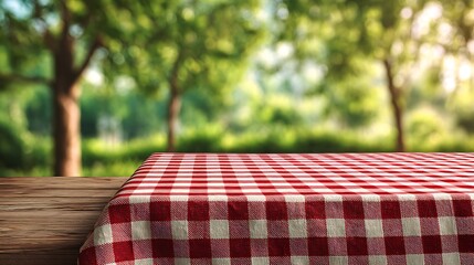 A rustic wooden table draped with a red and white checkered tablecloth, blurred background of trees
