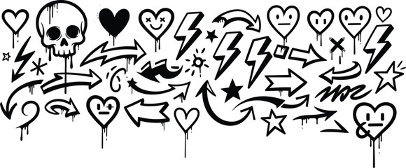 Obraz premium Set of black graffiti doodles with dripping ink, urban street art skulls hearts arrows and lightning bolts, cad drawing flat vector illustration,