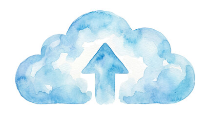 A blue cloud with an arrow pointing upwards on transparent background