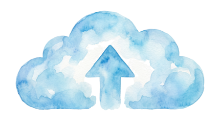 A blue cloud with an arrow pointing upwards on transparent background