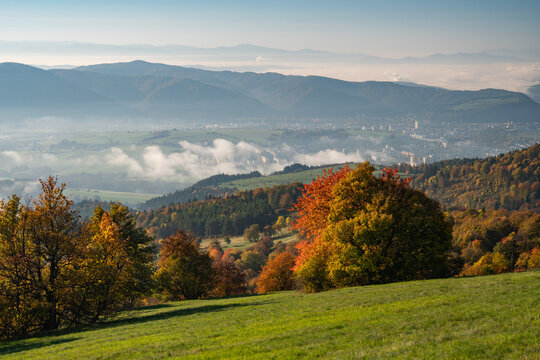 View of the autumn landscape, with rolling hills, vibrant foliage, and a distant cityscape veiled in mist, all bathed in the warm glow of morning, Selce, Banska Bystrica Region, Slovakia.