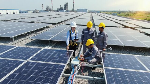 Solar panel installation and maintenance by a team of engineers.