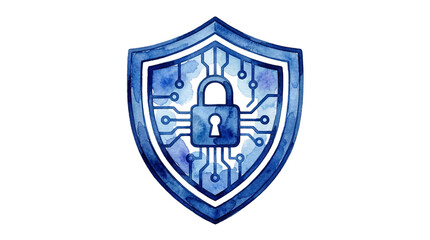 A blue shield with a padlock and circuit board design on a black background on transparent background