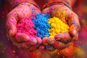 Holi Festival Color: Hands Holding Vibrant Pigments. Indian Festival of Colors Celebration
