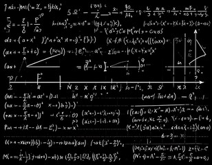 Complex Mathematical Equations and Formulas on a Blackboard.