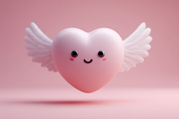 heart with wings against pink background, looking friendly, cute 3D model, love, photorealistic