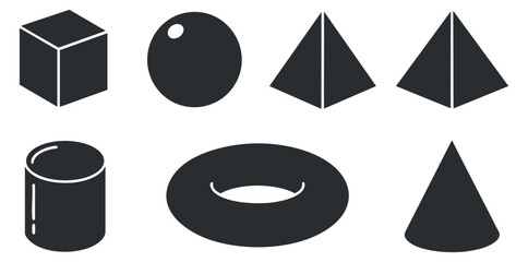 A collection of geometric shapes including cubes, spheres, pyramids, and cylinders in a black and white minimalist vector style, ideal for educational materials and design projects