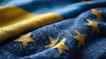 Flag of Ukraine and European Union combined in a close view showing fabric details and colors