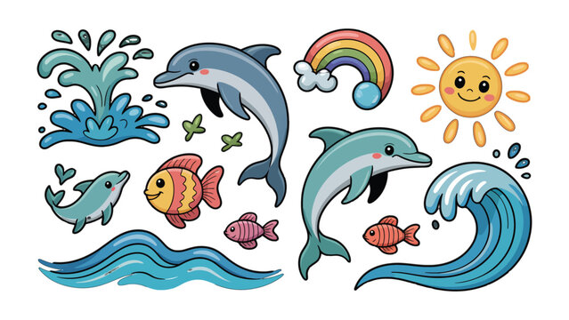 Ocean Life Illustration: A vibrant illustration showcasing marine creatures such as playful dolphins, colorful fish, and rolling waves. The scene is brightened by a smiling sun and a colorful rainbow.