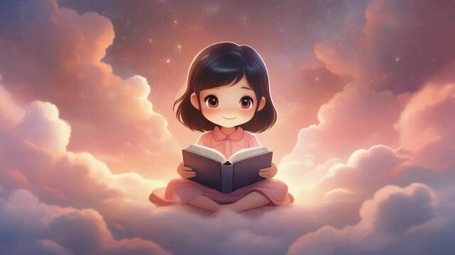 Child reading book floating in clouds
