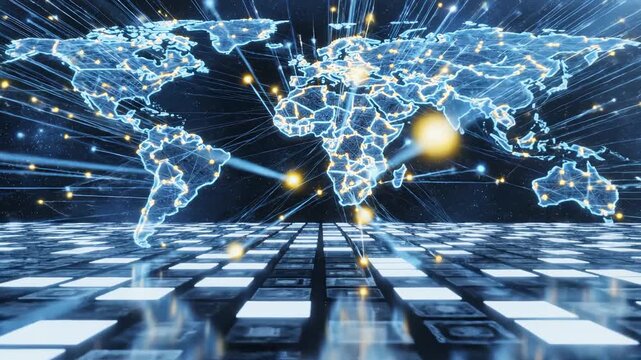 Digital world map on reflective surface