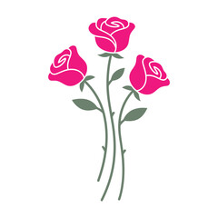 Trio of vibrant pink rose blossoms on long stems. Clean, elegant floral graphic perfect for beauty, wellness, or romantic branding.