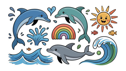 Obraz premium Marine Serenity: Delightful illustration of playful dolphins, a vibrant rainbow, and the gentle rhythm of ocean waves, capturing the essence of underwater charm.